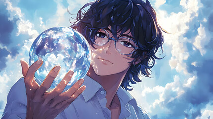 Canvas Print - Young Man Holds a Crystal Globe with Clouds, Fantasy Art