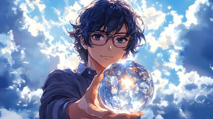 Canvas Print - Anime Boy Holds Crystal Ball with Sky Background