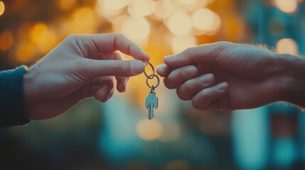 image captures two hands exchanging keys, symbolizing trust and promise. warm, glowing background adds sense of intimacy and connection to moment