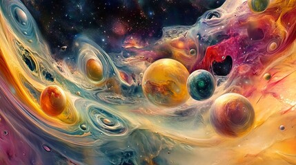 Wall Mural - An artist's view of our solar system showcases a vibrant array of colorful planets, each uniquely designed with swirling gases and striking textures.