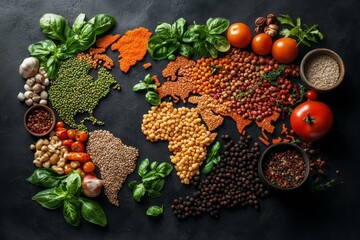 Wall Mural - Top view of world map made of food ingredients and vegetables. Diverse range of global cuisines.