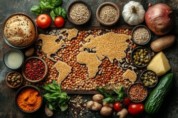 Wall Mural - Top view of world map made of food ingredients and vegetables. Diverse range of global cuisines.