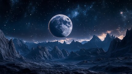 Wall Mural - a creative design for wallpaper, background, or poster features a giant moon dominating the starry n