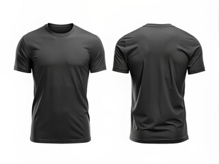 Realistic isolated mockup of blank black T-shirt template, showcasing front and back sides with creases and folds, on a clean white background for customization.