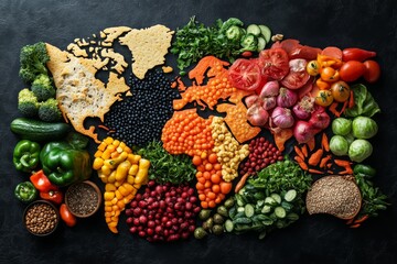 Wall Mural - Top view of world map made of food ingredients and vegetables. Diverse range of global cuisines.