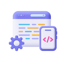 web page and smartphone with code symbol and gear cogwheel. web development, software engineering, s
