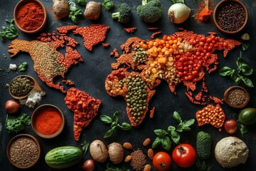 Wall Mural - Top view of world map made of food ingredients and vegetables. Diverse range of global cuisines.