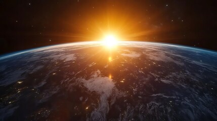Wall Mural - A breathtaking view of planet Earth from space as the sun rises over the horizon, casting a golden glow across the curvature of the planet.
