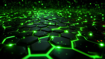 Wall Mural - 3d rendered abstract background with a hexagonal pattern and glowing green lines