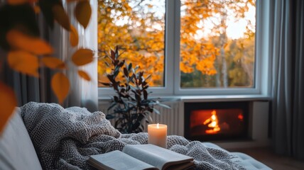 A cozy interior scene featuring a book, a candle, a warm blanket, and a view of autumn foliage through a window, complemented by a glowing fireplace.