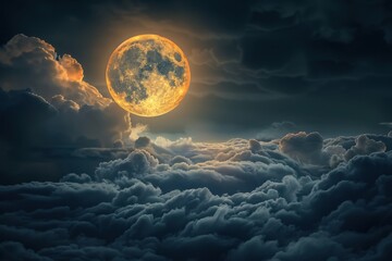 Wall Mural - Majestic Full Moon Above Dark Clouds at Night