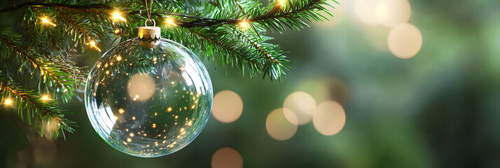 Wall Mural - transparent christmas ball with shiny lights hanging on green christmas tree branch on blurred empty