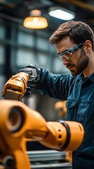 Wall Mural - Engineer working on orange robotic arm in modern factory setting during daytime, focusing on precision and technology advancements