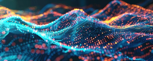 Wall Mural - abstract futuristic background with glowing digital line graph and wave, in blue and orange colors. 