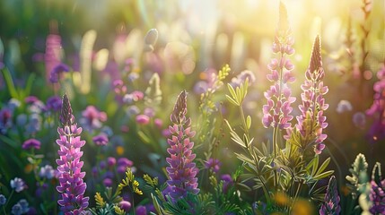Aufkleber - Field with lupine flowers Life in harmony with Nature Meadow flowers and herbs Purple and green Cropped scene Close up scene