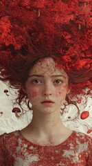 Wall Mural -  A young girl with red hair and freckles gazes seriously into the camera