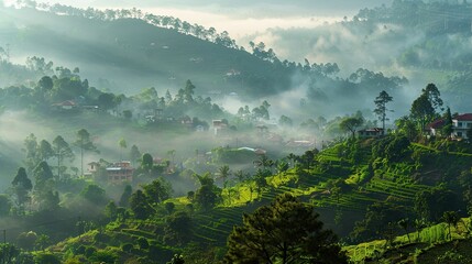 Aufkleber - A serene misty morning in Kodaikanal Tamil Nadu with a clear view of the lush green hills under the gentle light of the rising sun