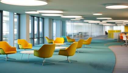 Modern lounge with vibrant yellow chairs and minimal decor, creating a cheerful atmosphere for relaxation and socializing