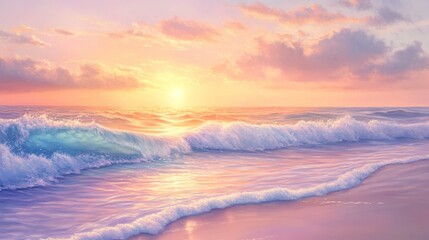 Wall Mural - Sunset over ocean waves with pastel sky