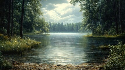 Sticker - Tranquil Forest Lake - Serene Nature Landscape Painting