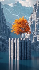 Wall Mural -  A tree painted with orange leaves stands before mountains and a nearby body of water in the foreground