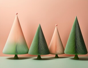 A playful arrangement of cone-shaped trees in soft green hues, each topped with peach spheres, set against a two-tone pink and green background