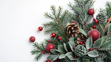 Aufkleber - Christmas traditional winter flora greenery with red ball decorations on white background Festive nature bouquet for the holiday season Yule Noel New Year