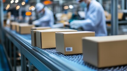 Canvas Print - Workers packaging products efficiently on a conveyor belt in a busy warehouse during daytime operations