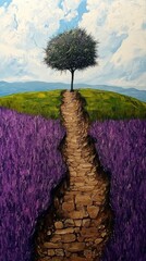 Wall Mural - Stone path leads to tree on hill, lavender flowers in foreground; Blue sky, clouds in background