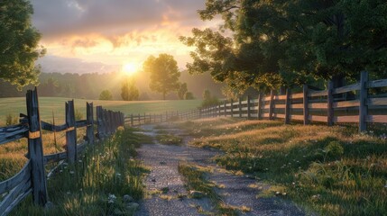 Poster - Sundown s Charm Weathered Fence and Country Road in Twilight