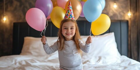 Wall Mural - A young girl is holding a bunch of balloons and wearing a party hat. She is smiling and she is having a good time. Concept of joy and celebration, as the girl is surrounded by colorful balloons