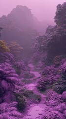 Wall Mural -  A winding path penetrates a forest adorned with purple flora and fauna, culminating in a misty, fog-covered backdrop