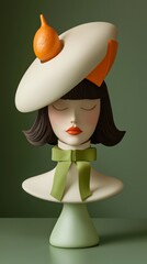 Wall Mural -  A sculpture portrays a woman donning a hat with an orange perched atop, and a green scarf encircling her neck