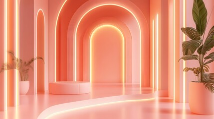 Modern luxury space interior concept 3d render ,There are smooth shape wall pattern with coral pink decorate with led stripe light. 