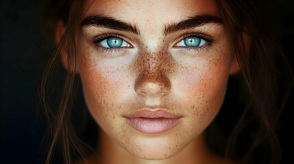 Sticker - Close-up Portrait of a Woman with Freckles and Blue Eyes