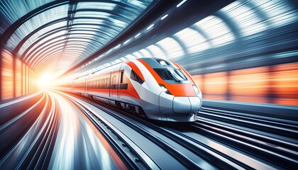 Wall Mural - Sleek high-speed train racing through a modern tunnel, symbolizing progress and innovation in transportation, showcasing advanced engineering and eco-friendly features.