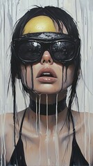 Wall Mural -  A painting of a woman in black sunglasses, black choker, and a lemon atop her head