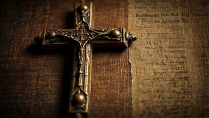 A close-up captures a cross on an old book background with copy space.