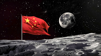 chinese flag on asteroid surface with moon in background