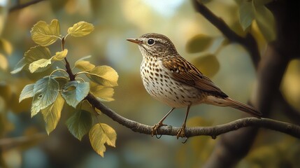 Canvas Print - Small Bird Perched on Branch with Green Leaves