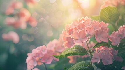 Aufkleber - soft focus pink hydrangeas and leaves in summer