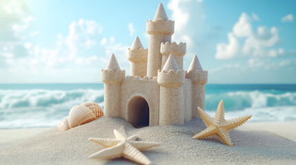 Sand castle with seashells and starfish on the beach, Summer vacation concept