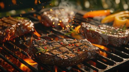 ribeye steaks cook on the bar b que grill with baby bell peppers