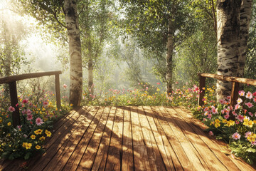 Wall Mural - A serene wooden deck surrounded by vibrant flowers and birch trees, bathed in soft sunlight, inviting tranquility and nature appreciation.