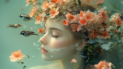 Wall Mural - Dreamy Portrait of a Woman with Floral Crown in Water