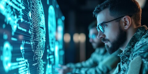 Two men in glasses and military uniforms work at a table with holographic screens. Digital lines of code flow across them, creating a cinematic, dark room