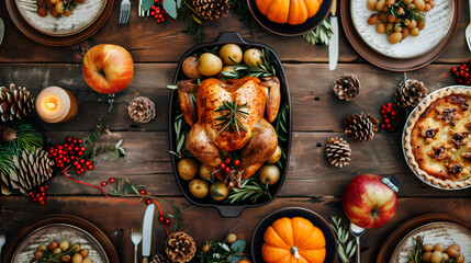 traditional American-style dinner table with all the ingredients for freshly baked chicken, including a large chicken on a platter, potatoes in a dish, and vegetables around it. The background is a wo