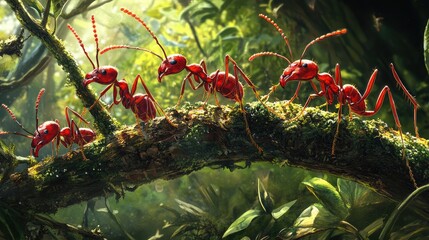 Red Ants Traversing a Lush Forest Path