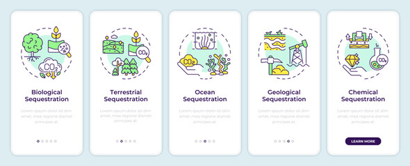 Wall Mural - carbon sequestration types onboarding mobile app screen. walkthrough 5 steps editable graphic instru
