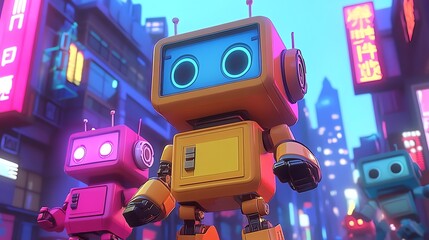 Three cute robots walking in a futuristic city at night.